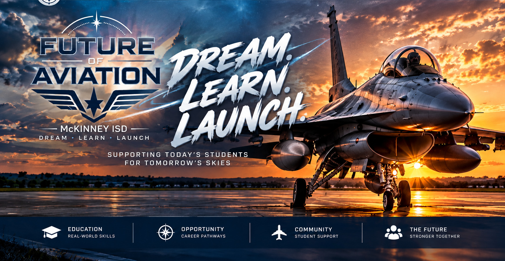 Future of Aviation, Dream Learn Launch, and a fighter jet at sunset